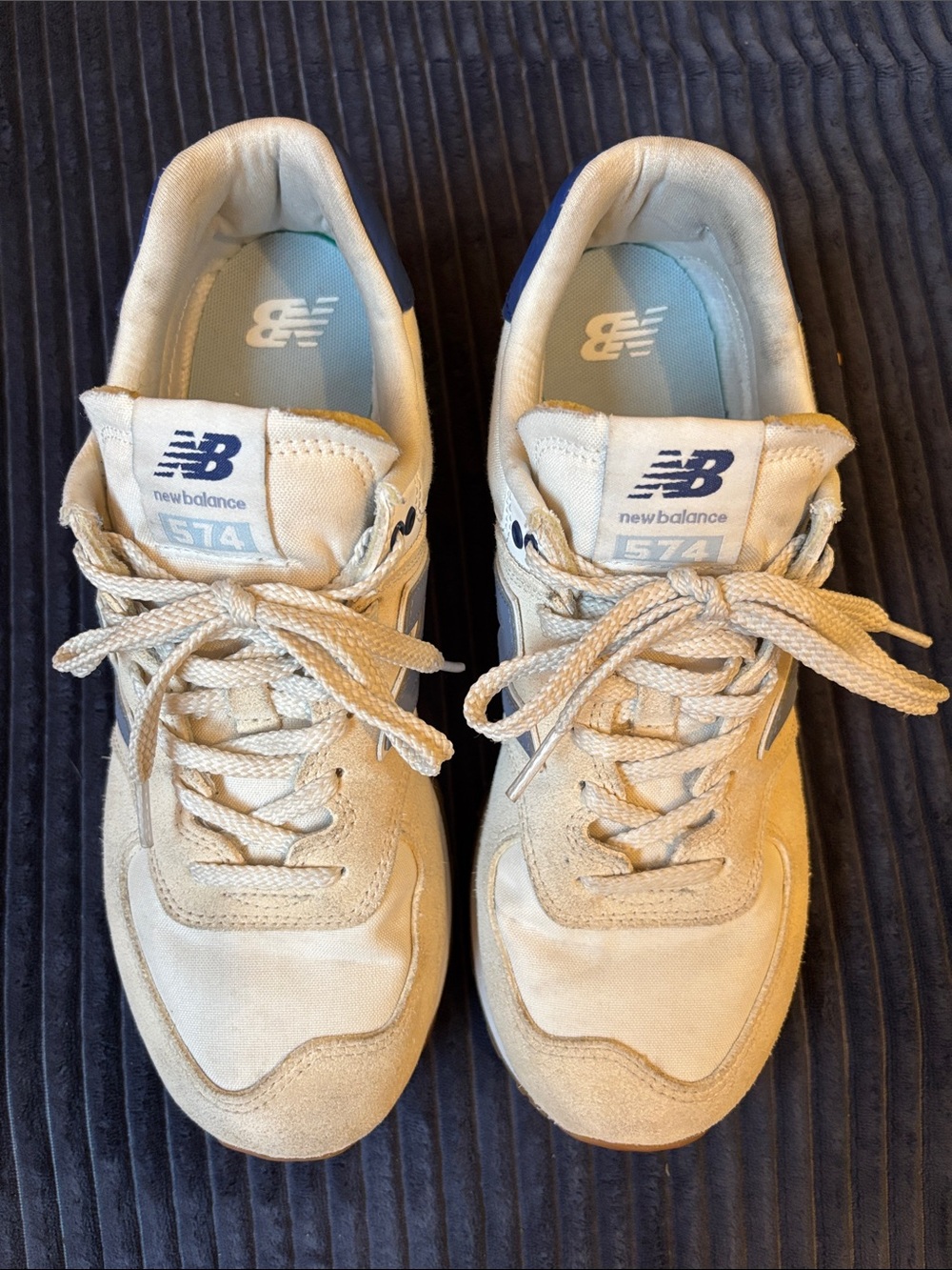 New Balance Women’s 574 Cream Sneakers with Indigo Blue Accents